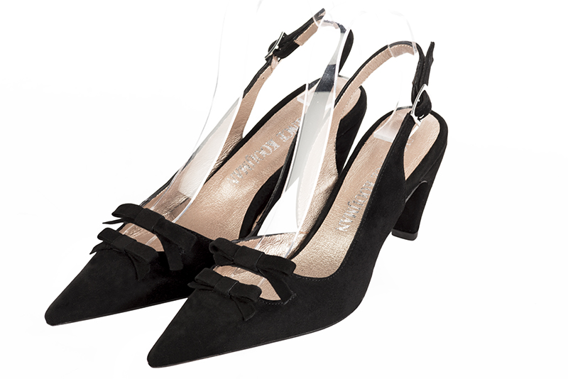 Matt black women's open back shoes, with a knot. Pointed toe. High slim heel. Front view - Florence KOOIJMAN